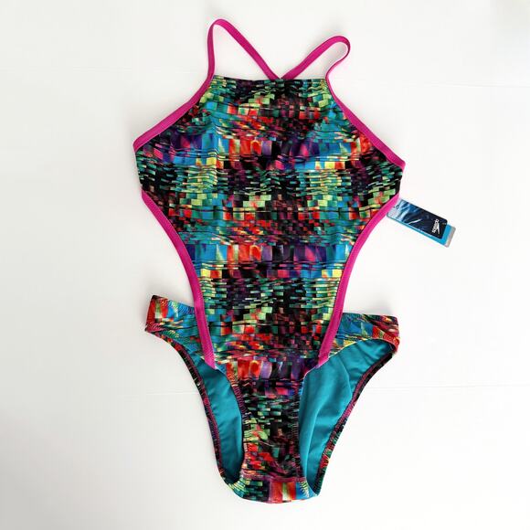 [Speedo] Endurance Lite Abstract Pixel Turnz Vee 2 One-Piece Swimsuit NWT Sz 38 - Picture 2 of 12